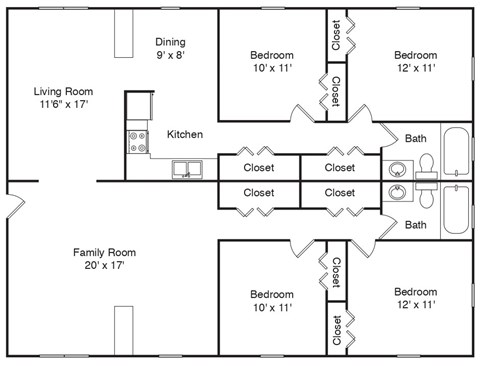 Floor plan for 4 beds, 2 baths, 1588 sqft